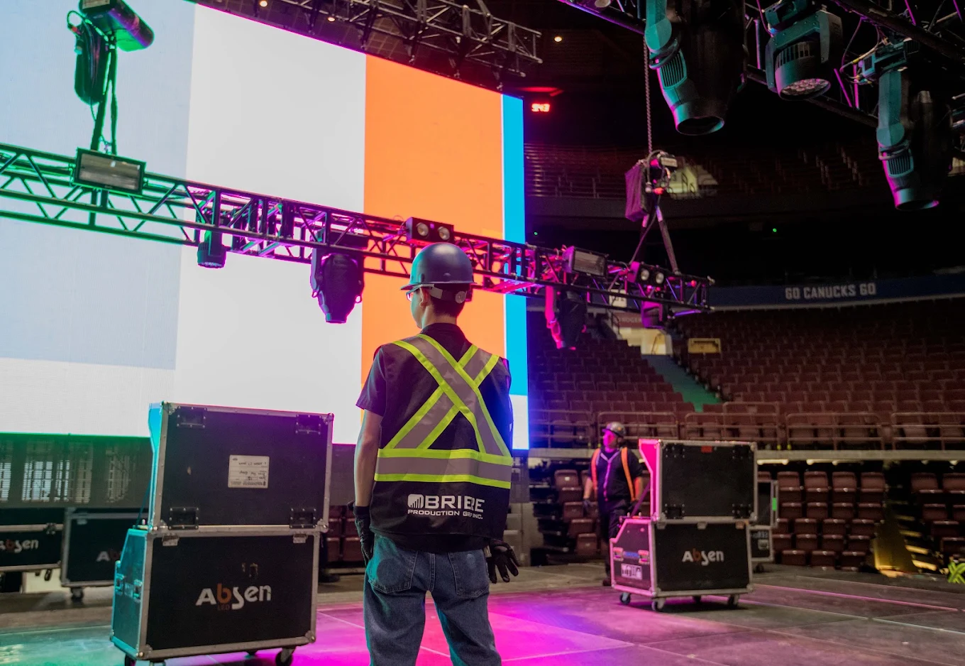 Crew building an LED wall on site